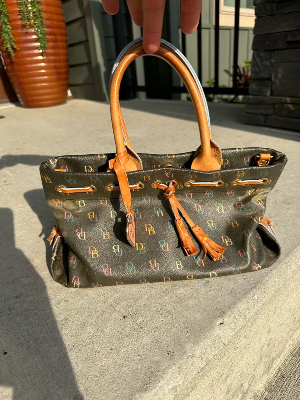 Dooney & Bourke Multicolor Logo Satchel - Brown with Tan Handles